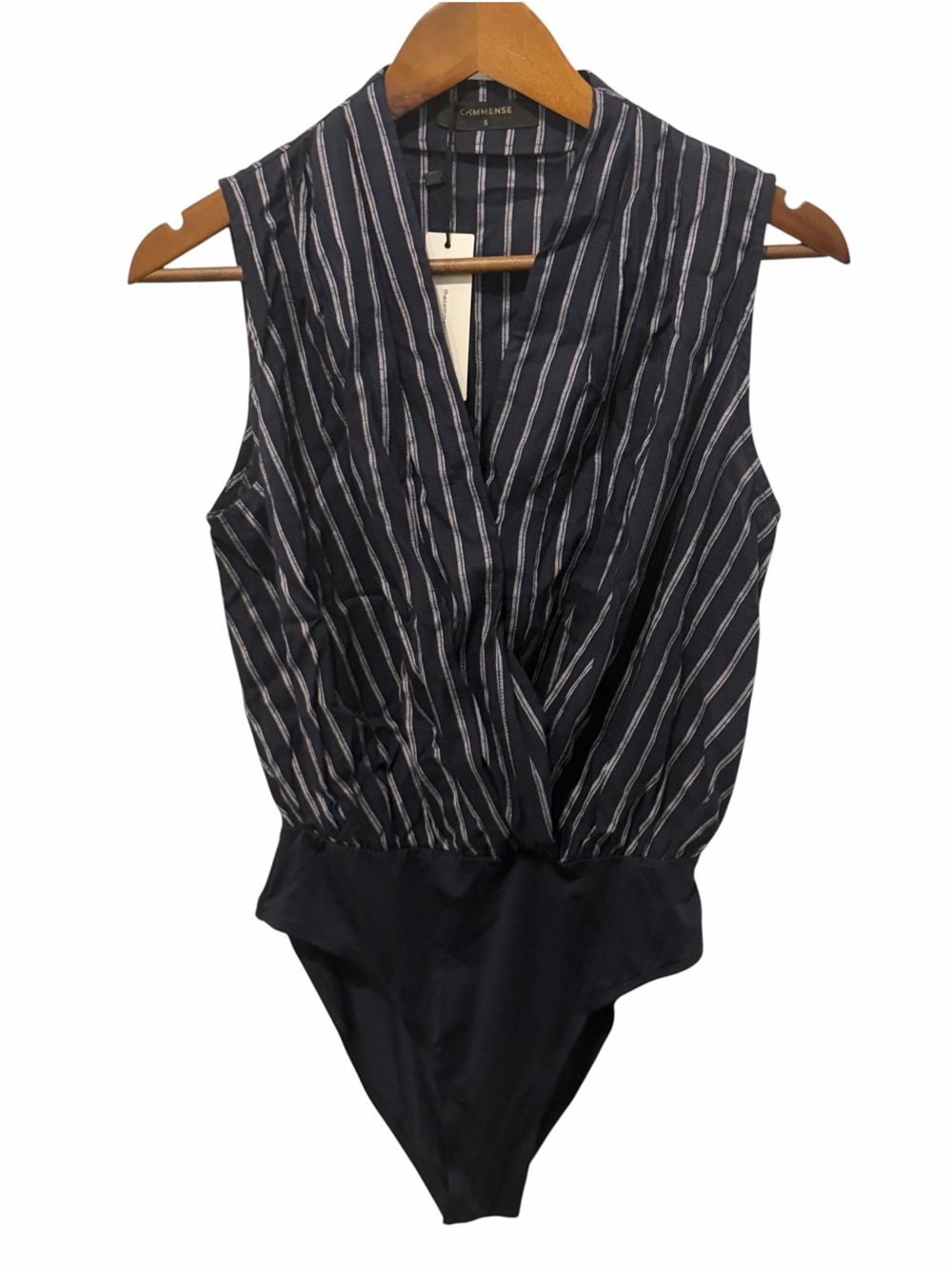 NEW COMMENSE Cotton Linen Striped Sleeveless Wrap Bodysuit Navy & White Sz SMALL
